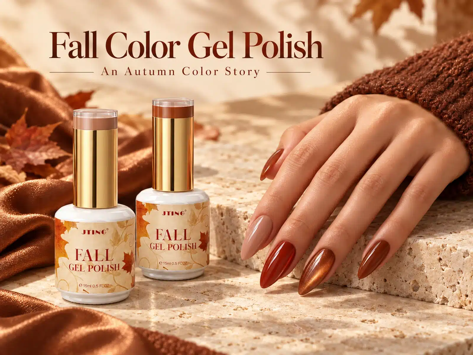 JTING fall gel polish bottles with different shade markers and an autumn manicure on warm stone
