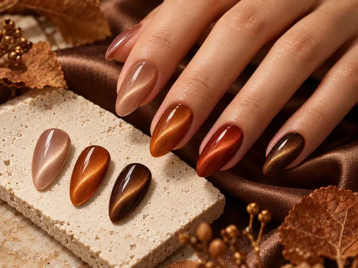 Autumn cat eye gel manicure with luminous taupe, copper and brown light bands