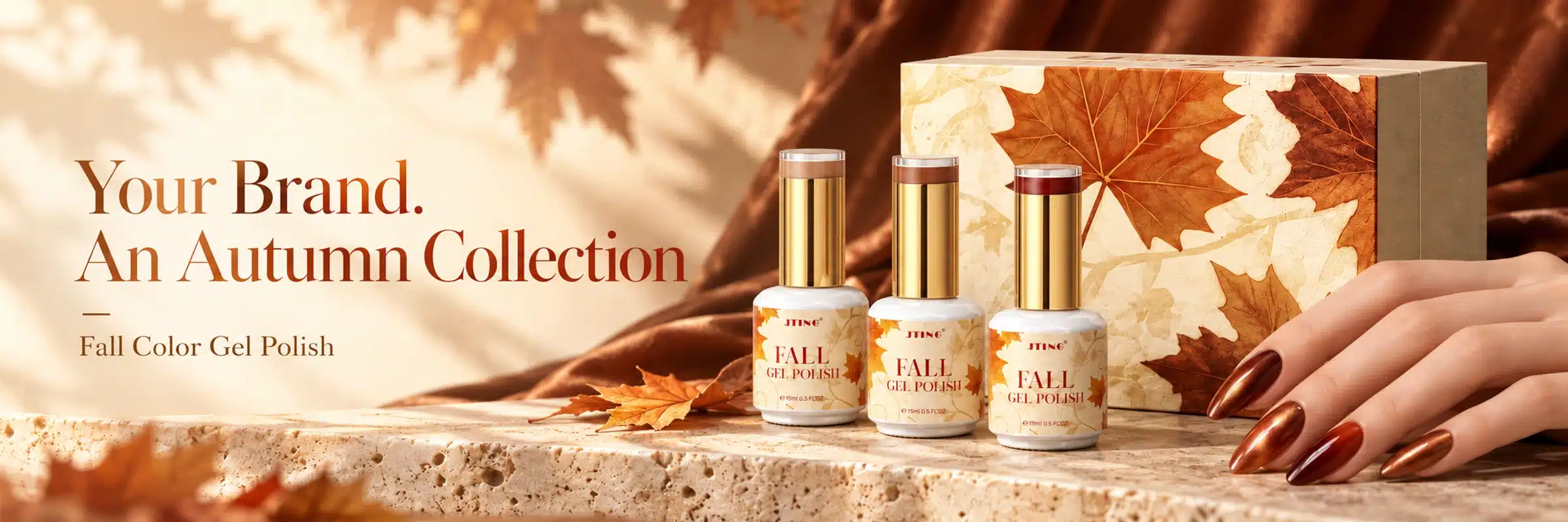 JTING autumn gel polish bottles with distinct shade markers, maple-leaf packaging and a warm-toned manicure