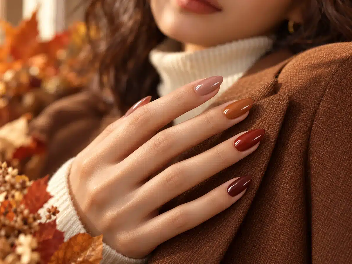 Woman in autumn knitwear showing a latte, caramel and deep red tonal manicure
