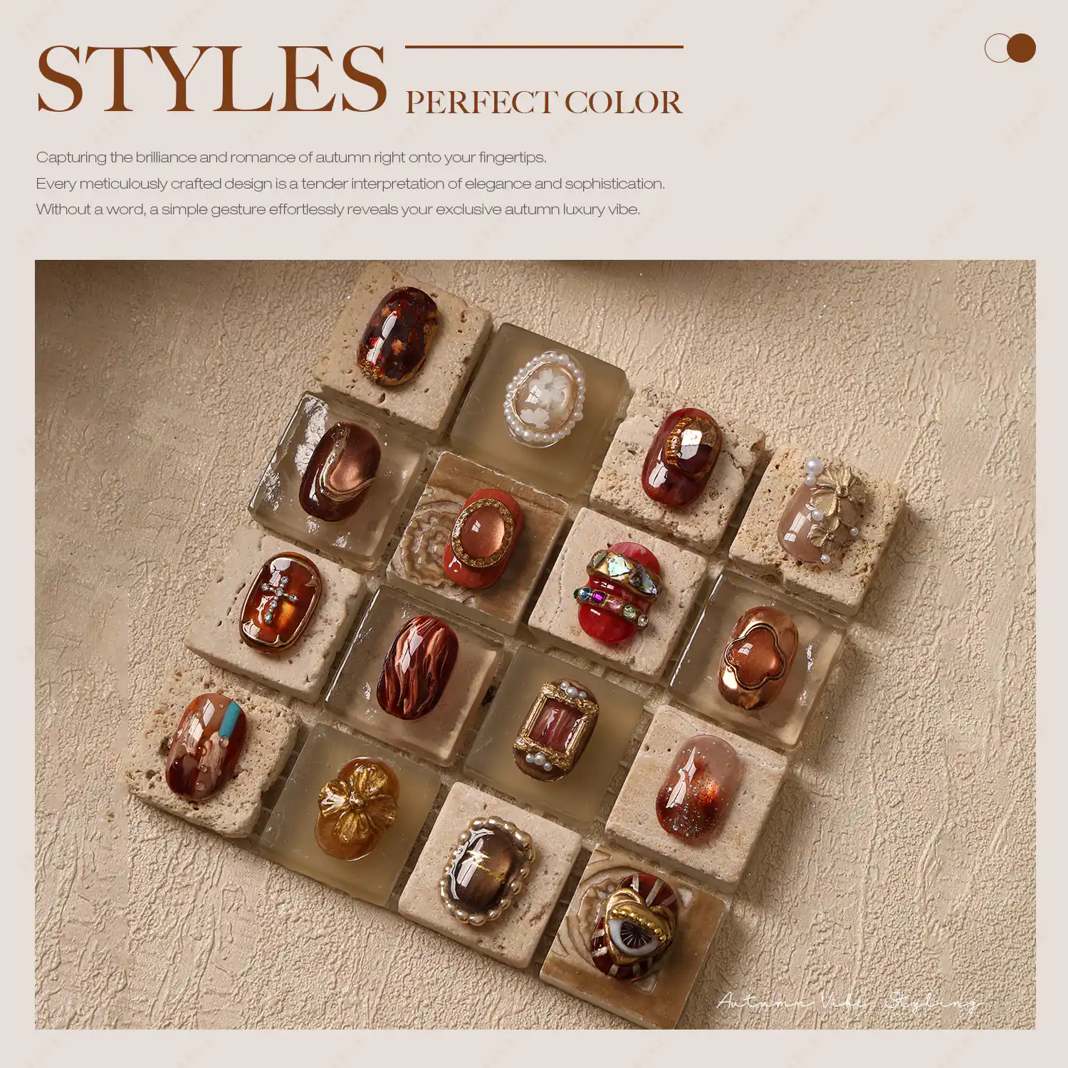 Vintage autumn nail art in amber, brown and red with cat eye effects, gold accents and decorative details
