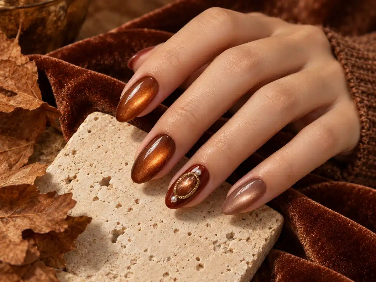 Vintage autumn manicure combining copper cat eye, wine and taupe nails with decorative accents