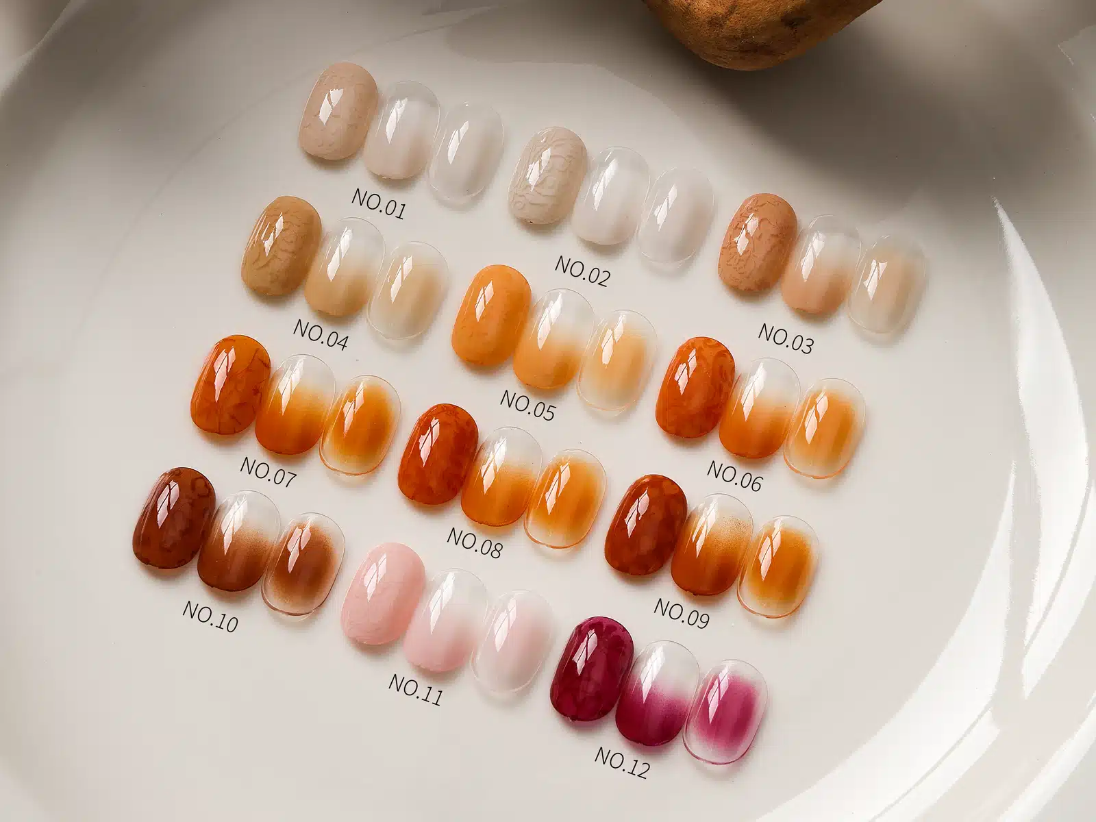 Fall Winter Pat Pat Gel Shade and Effect Comparison Fall Winter Pat Pat Gel shades No.01–No.12 displayed as patterned, full-color and gradient nail samples