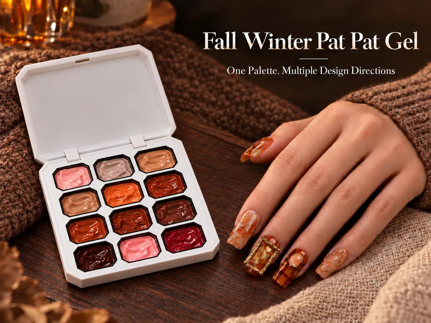 Fall Winter Pat Pat Gel Palette and Autumn Manicure Open JTING Fall Winter Pat Pat Gel palette beside a hand with amber and nude autumn nail art on warm brown knit and wood
