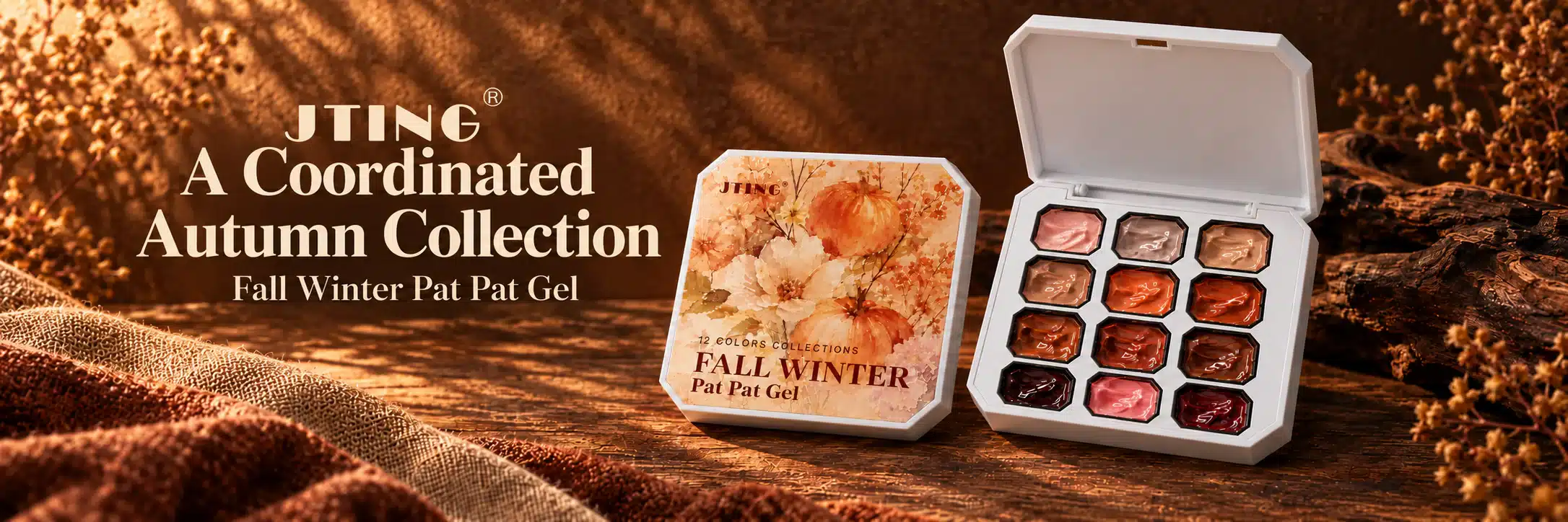 Fall Winter Pat Pat Gel Open and Closed Palette Presentation JTING Fall Winter Pat Pat Gel palette shown open and closed with autumn floral and pumpkin packaging