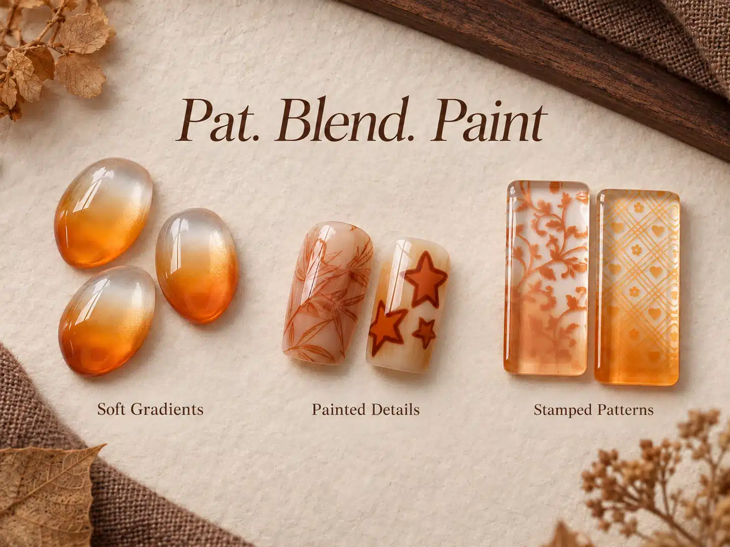Fall Winter Pat Pat Gel Gradients, Painted Details and Stamped Patterns Amber gradient tips, leaf and star nail art, and stamped pattern samples for Fall Winter Pat Pat Gel