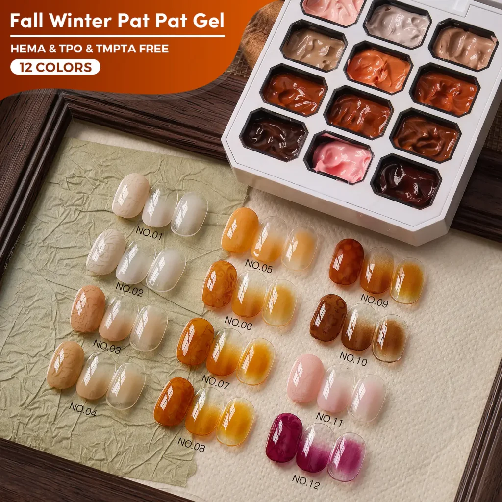 JTING Fall Winter Pat Pat Gel 12-color palette with patterned, full-color and gradient nail samples