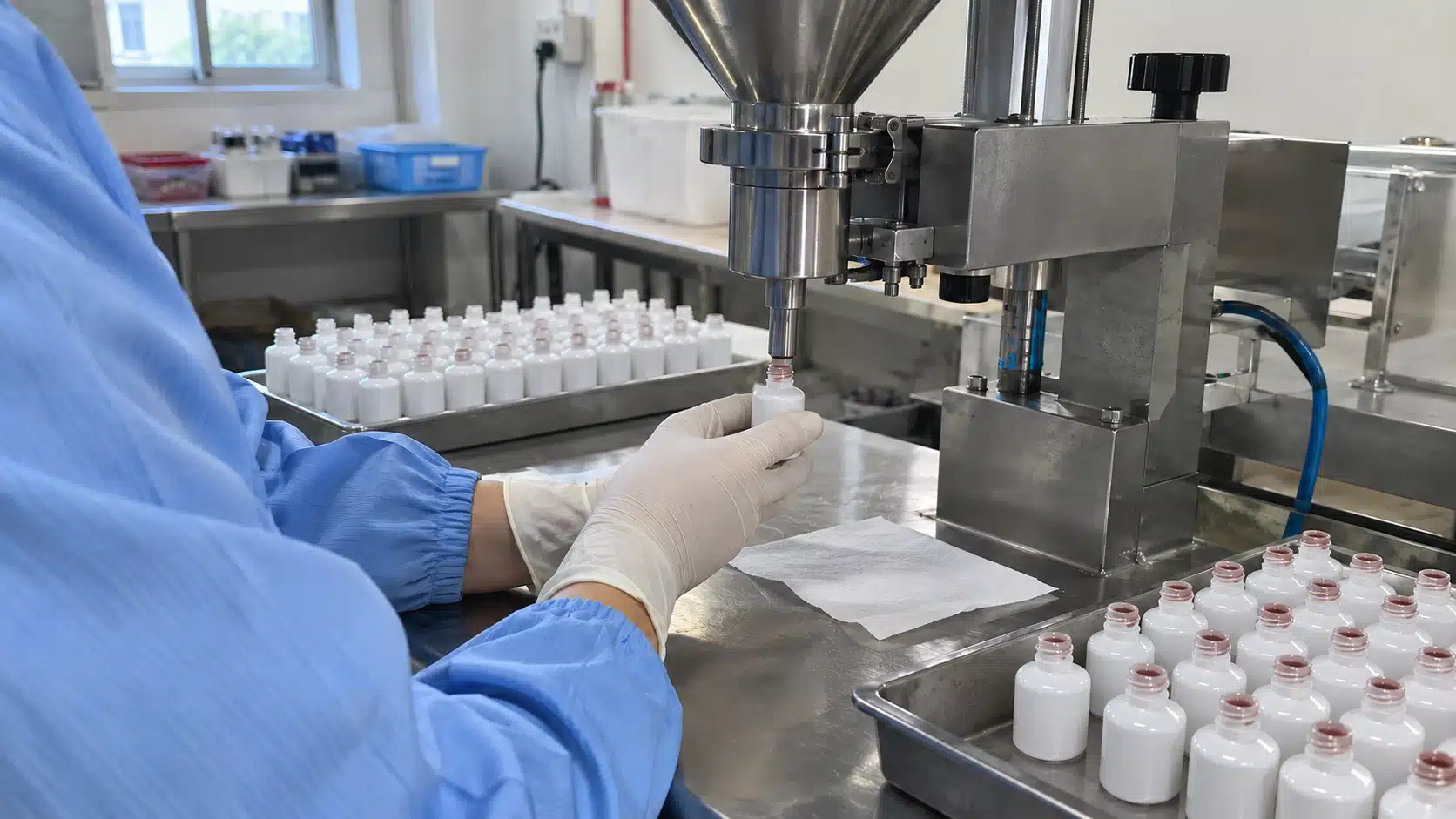 Worker filling gel nail polish bottles with a filling machine