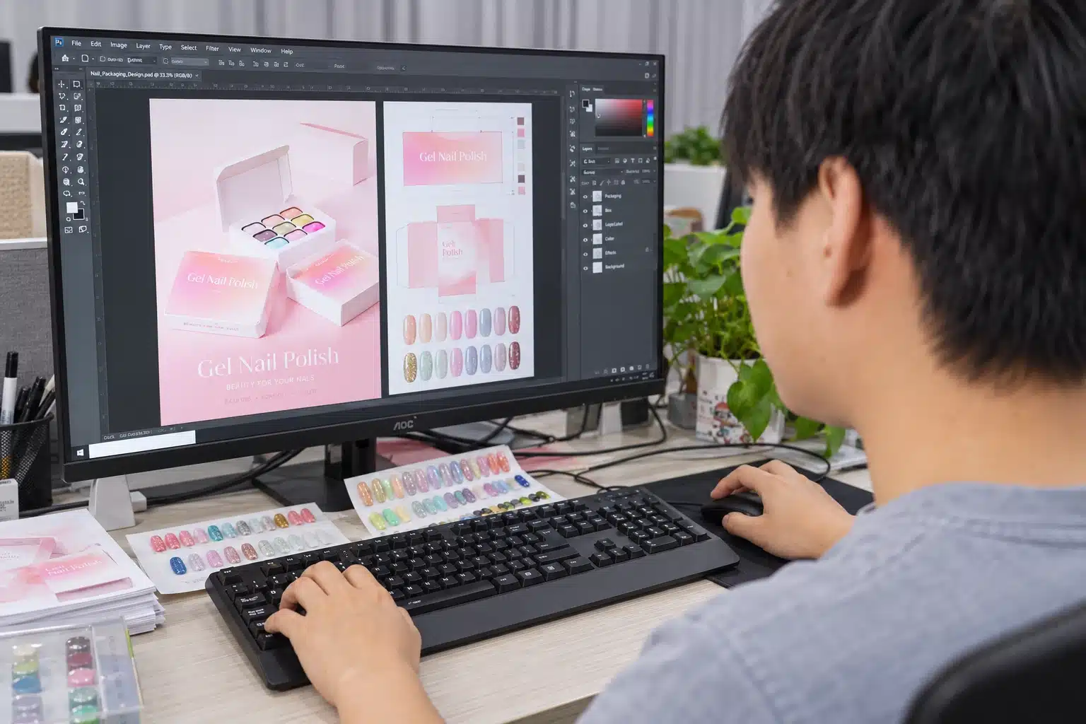 Designer working on gel nail polish packaging artwork at a computer with physical nail swatches beside the keyboard