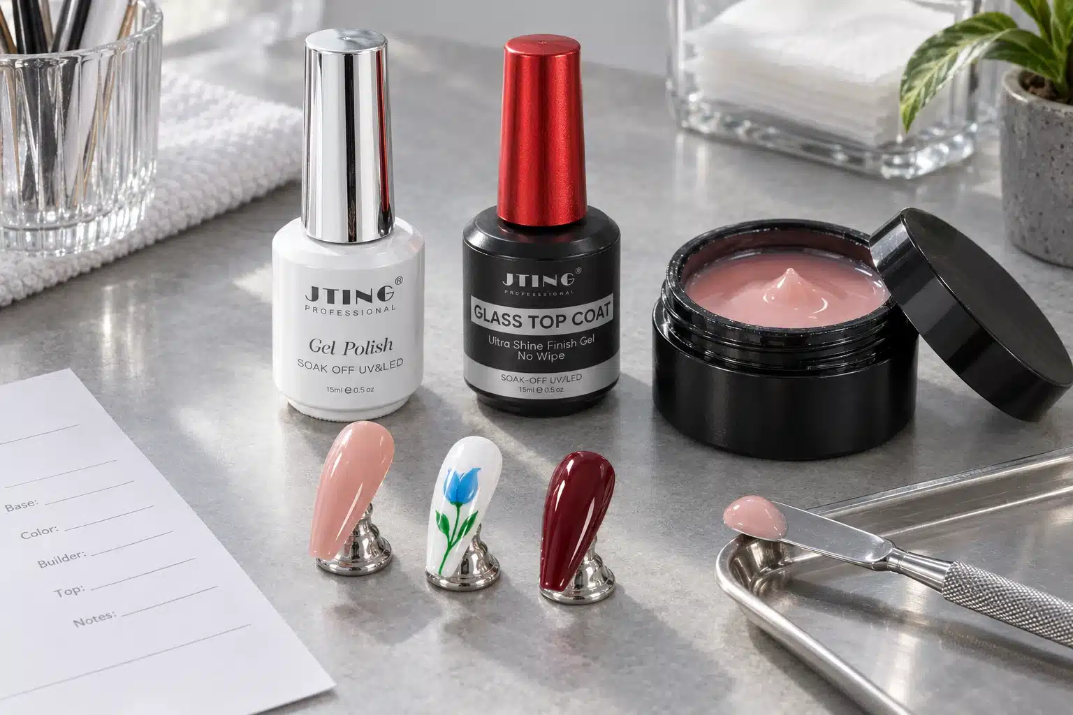 JTING gel nail polish, Glass Top Coat and pink builder gel with finished nail art samples