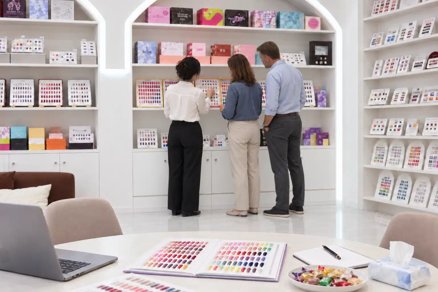 Sales representative discussing gel nail polish shade cards with two buyers beside a showroom display wall