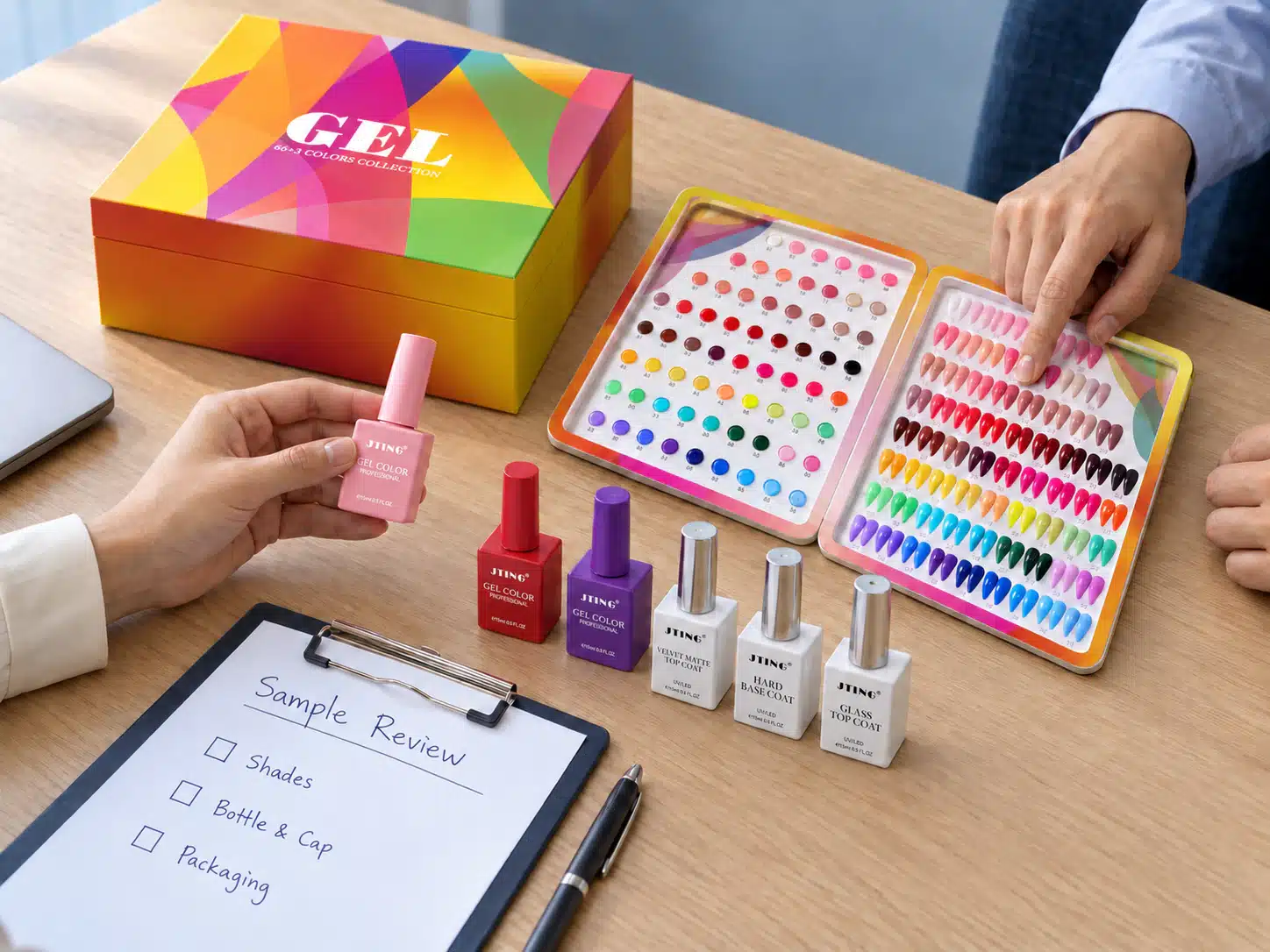 Hands comparing a pink gel nail polish sample with a shade book beside sample bottles, a deep collection box and a handwritten review checklist