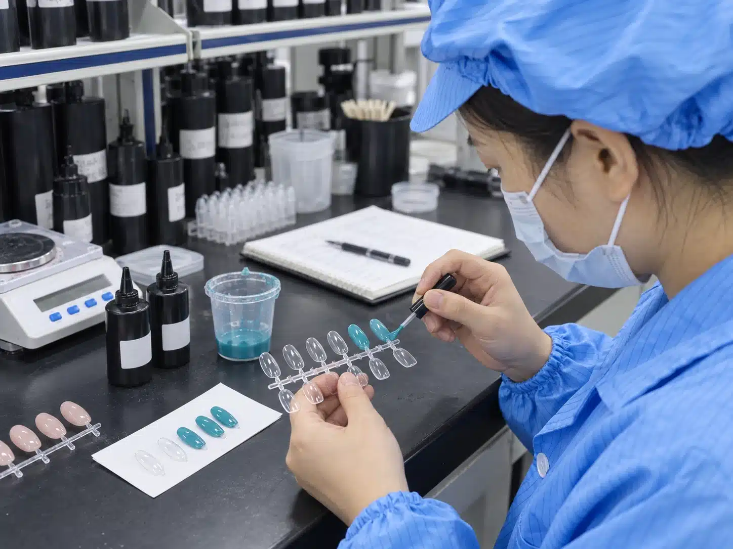 Technician in blue workwear applying turquoise gel nail polish to sample tips beside reference swatches at a workbench