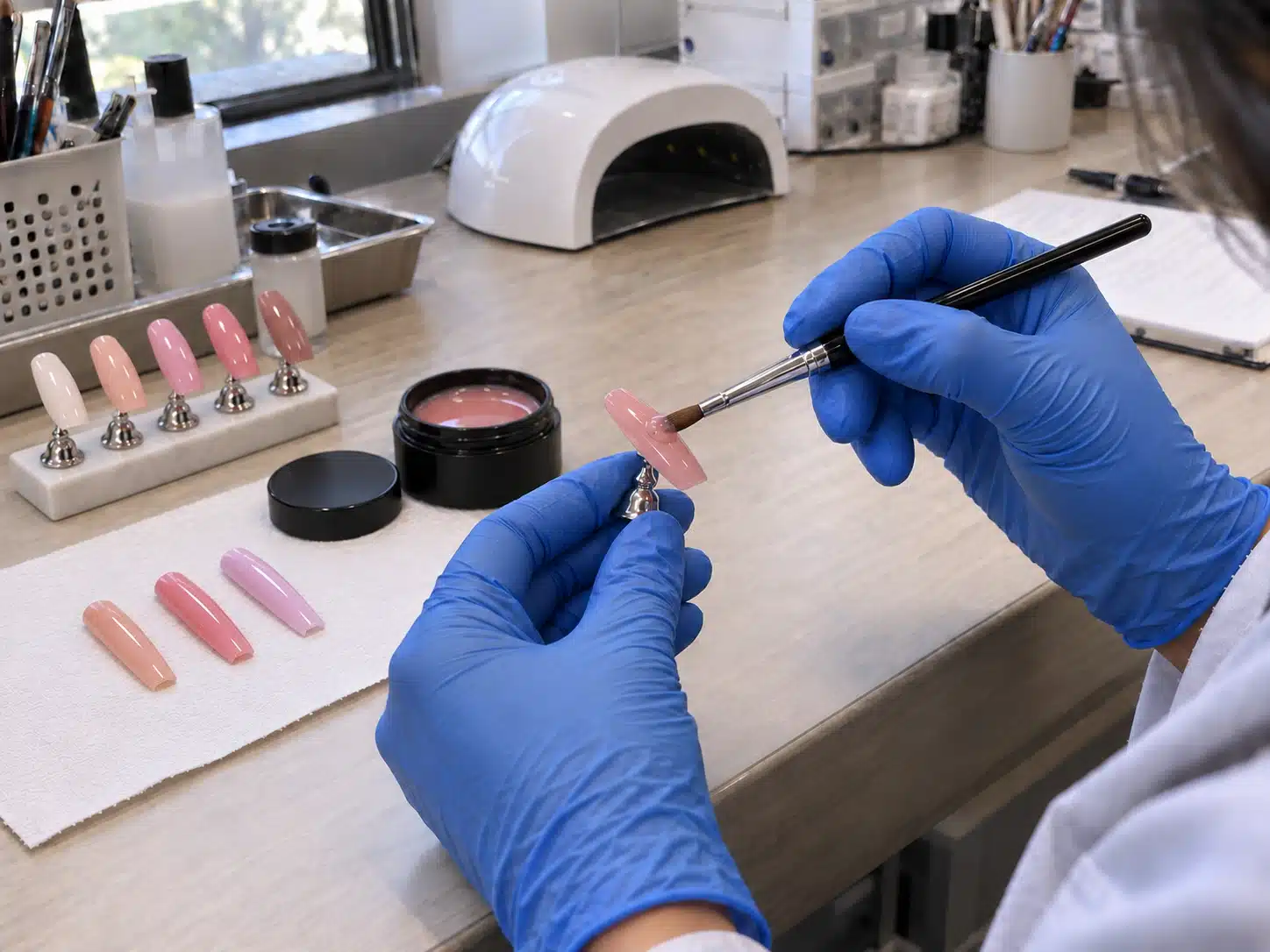Testing builder gel application on a long nail tip mounted on a nail holder