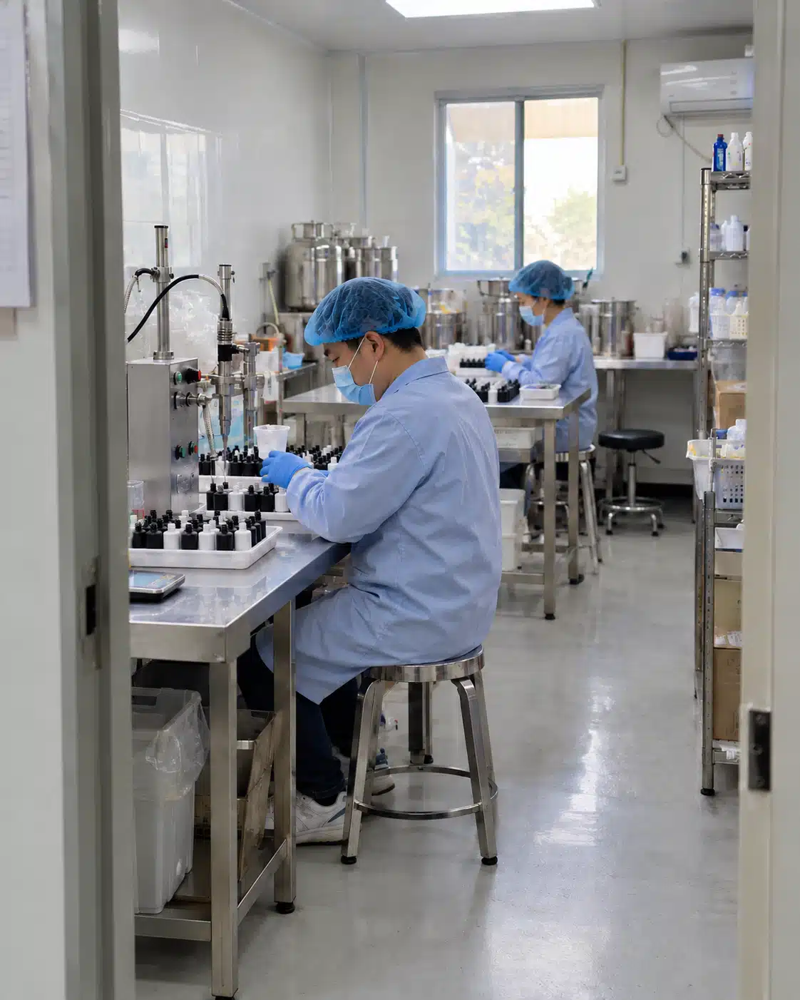 Gel nail polish production staff working at bottle filling stations