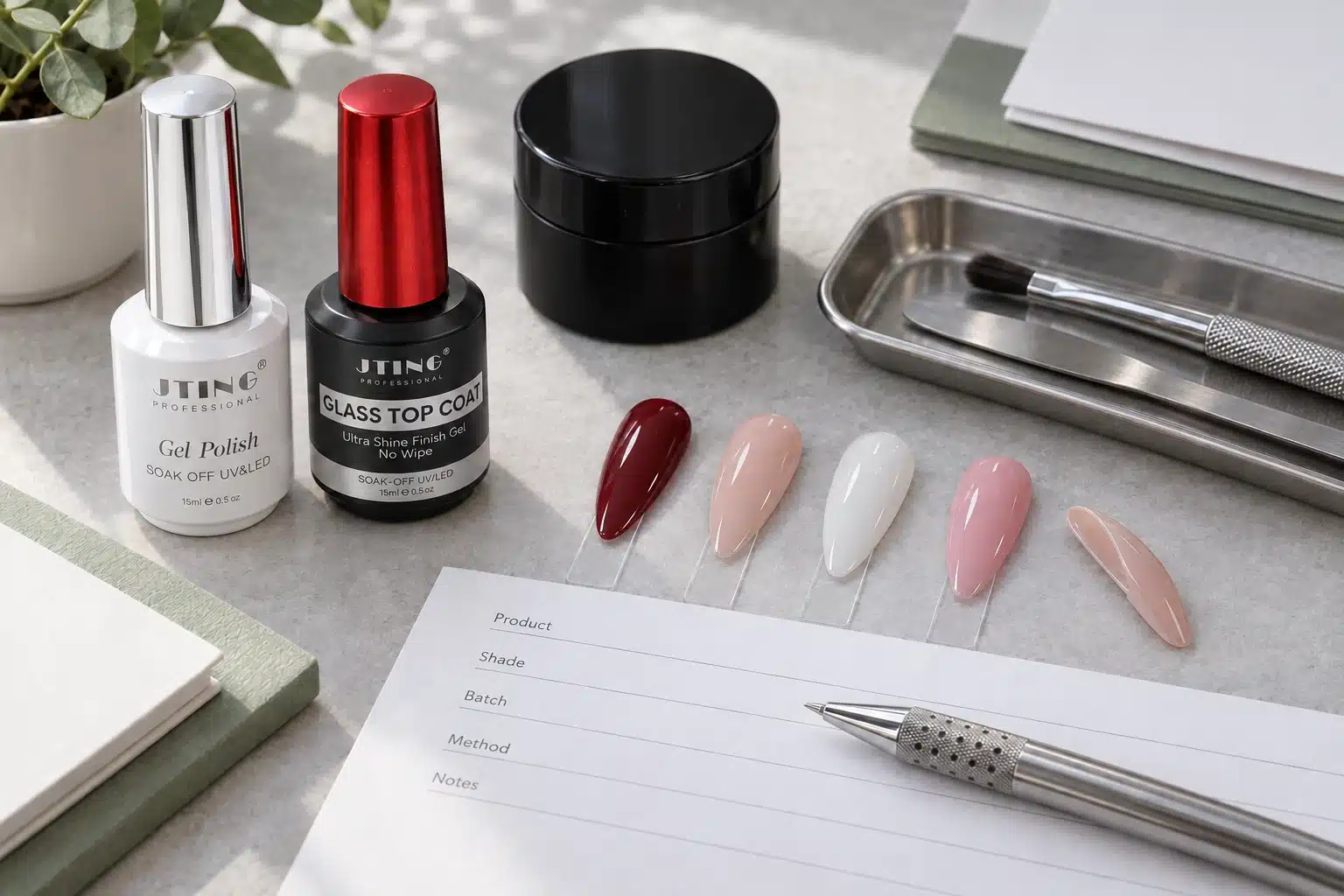 JTING gel bottles and nail samples beside a blank product evaluation record and pen