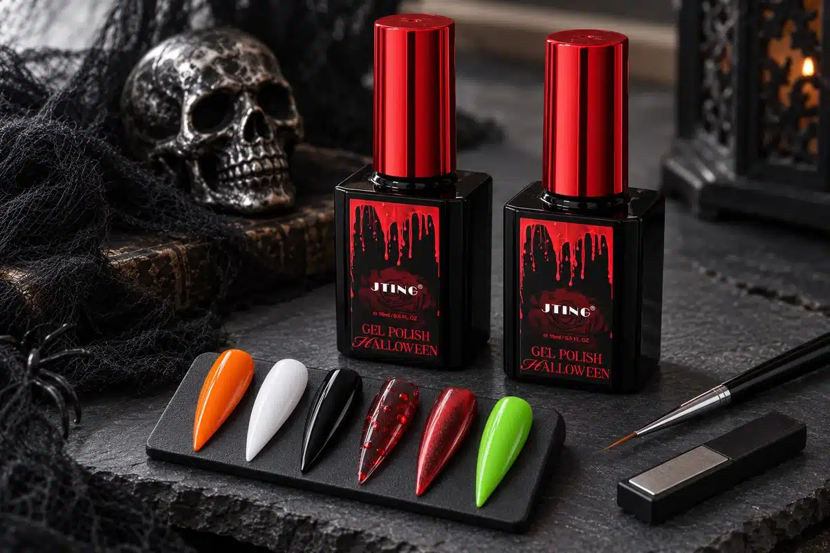 JTING Halloween gel polish bottles with red caps, selected color swatches, a nail art brush and magnet