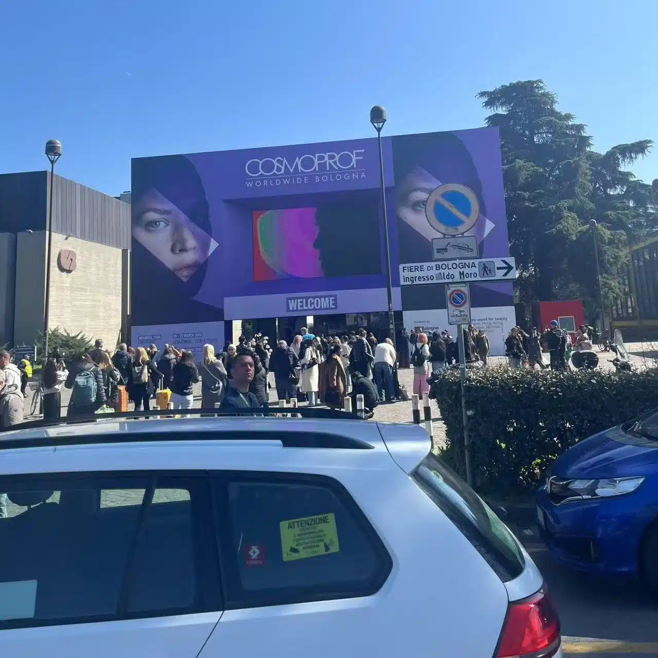 Visitors outside the Cosmoprof Worldwide Bologna exhibition entrance in Italy