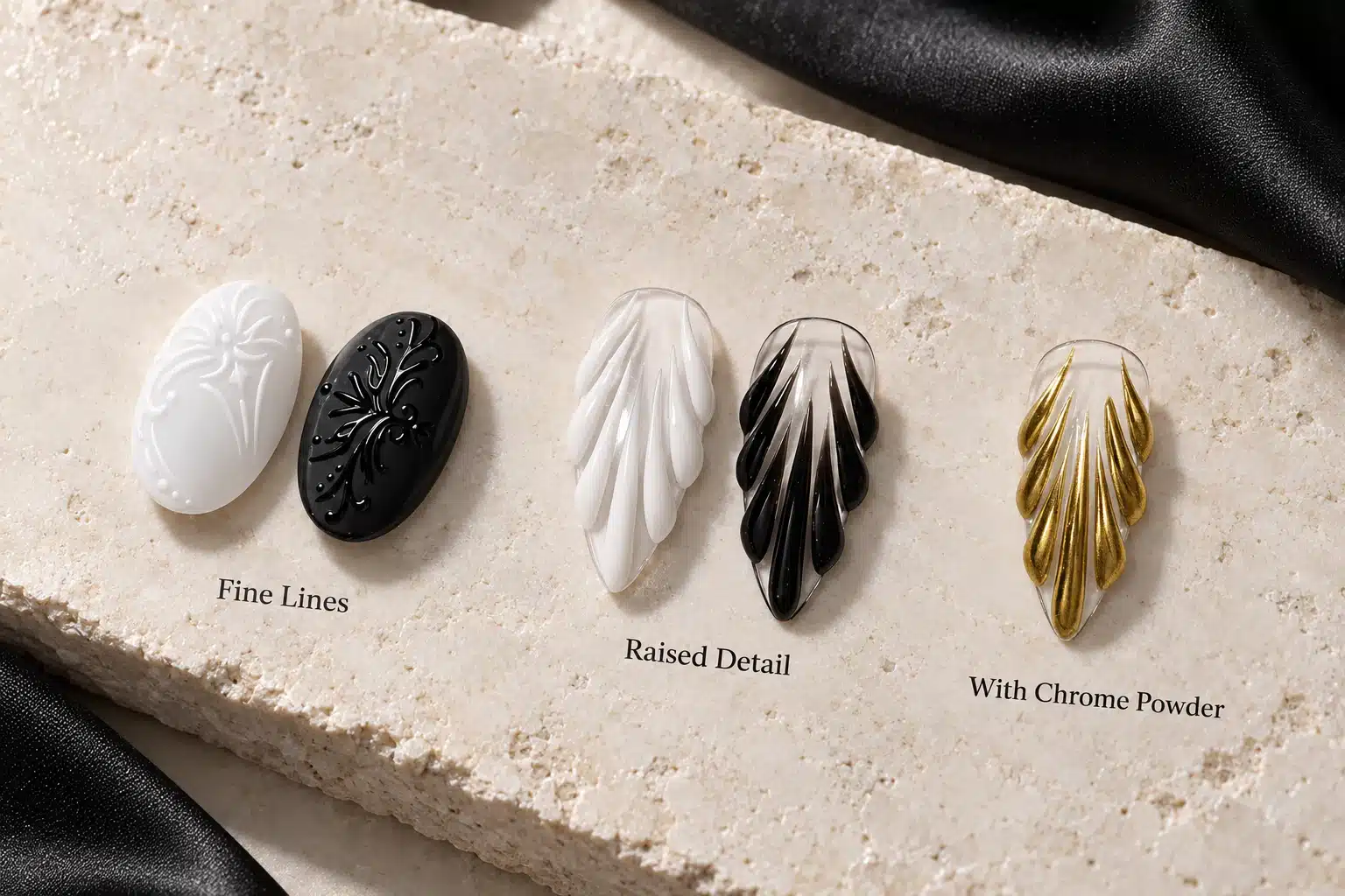 Nail tips showing fine black and white lines, raised petal details and a gold chrome powder finish