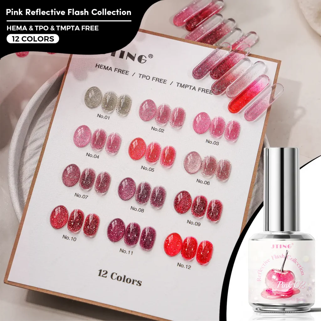 JTING Pink Reflective Flash Collection bottle beside a numbered chart of 12 glitter gel nail polish shades
