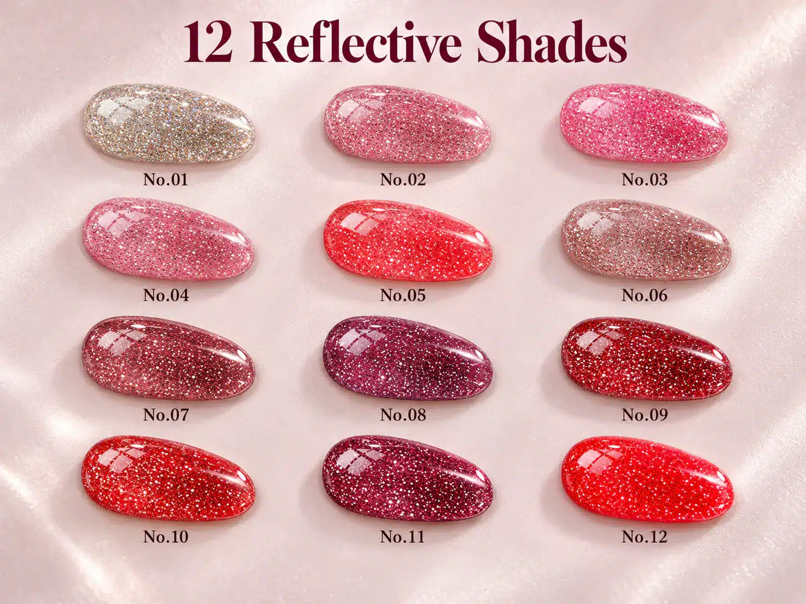 Twelve numbered reflective glitter gel swatches from silver and pink to rose-brown, berry and red