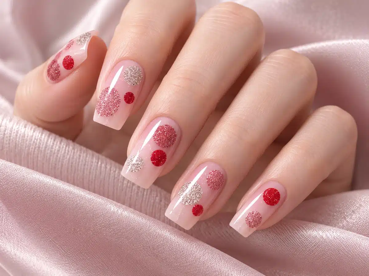 Nude pink manicure with flat silver, rose and red reflective glitter dots on blush fabric