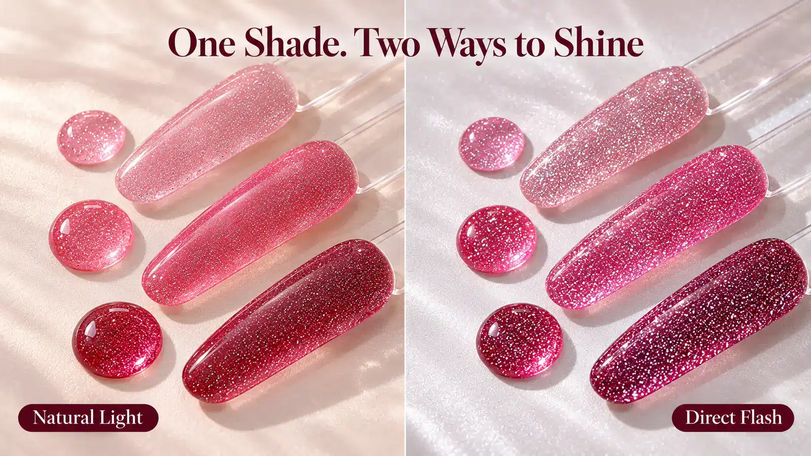 Pink, rose and berry reflective gel swatches compared in natural light and direct flash