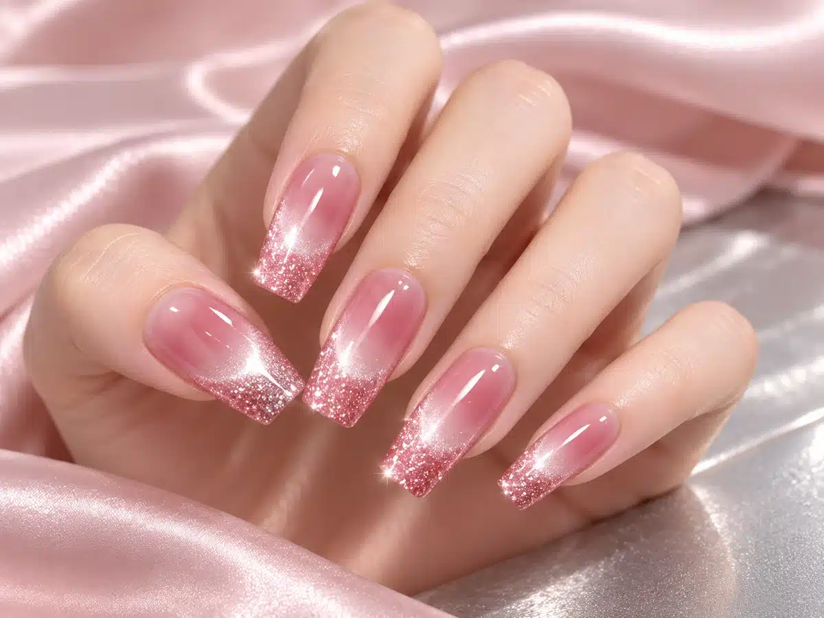Hand model showing nude pink nails with reflective pink glitter French tips on blush and silver fabric