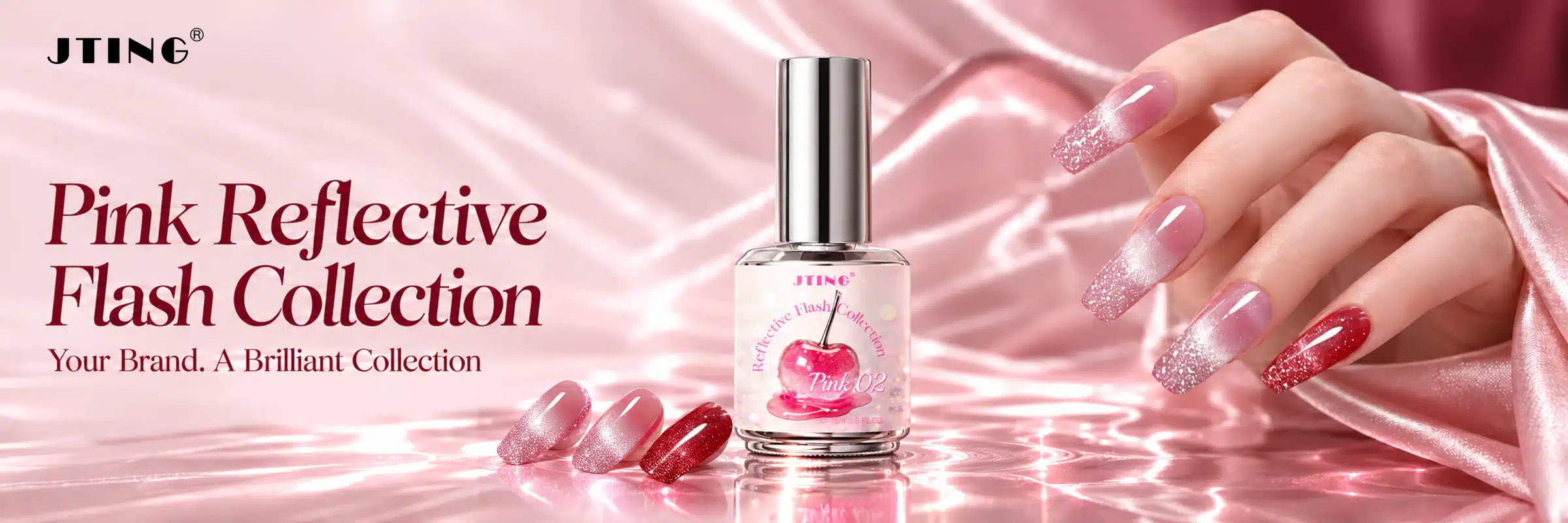 JTING Pink Reflective Flash Collection silver-cap bottle, nail swatches and a pink glitter hand model on blush satin