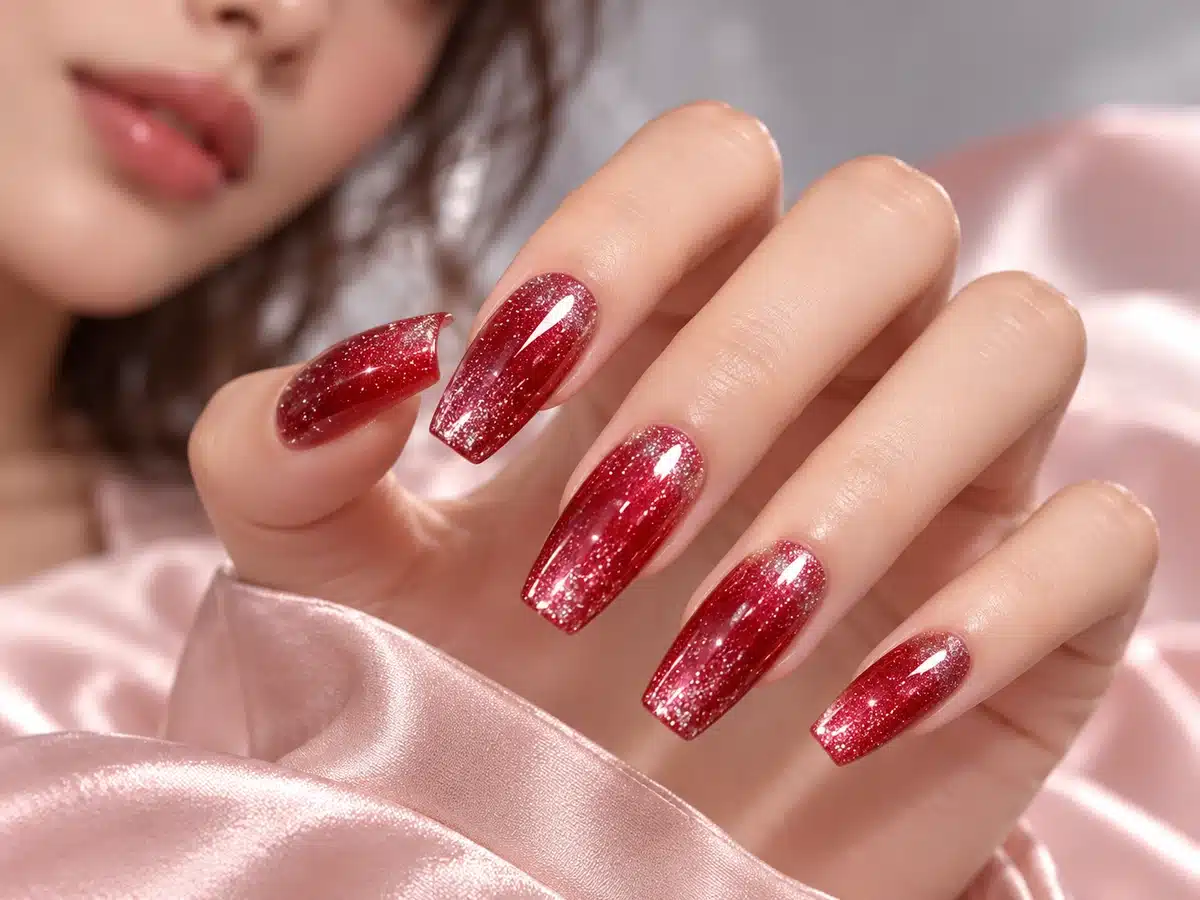 Woman displaying a full-color red reflective glitter manicure against blush satin and a silver-gray background