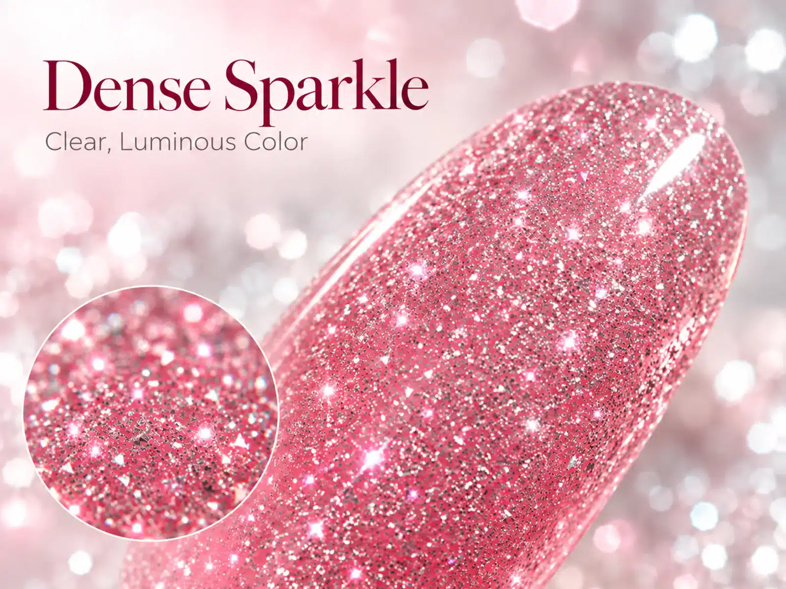Macro view of pink gel with fine silver glitter and small triangular reflective flecks, with a circular detail inset