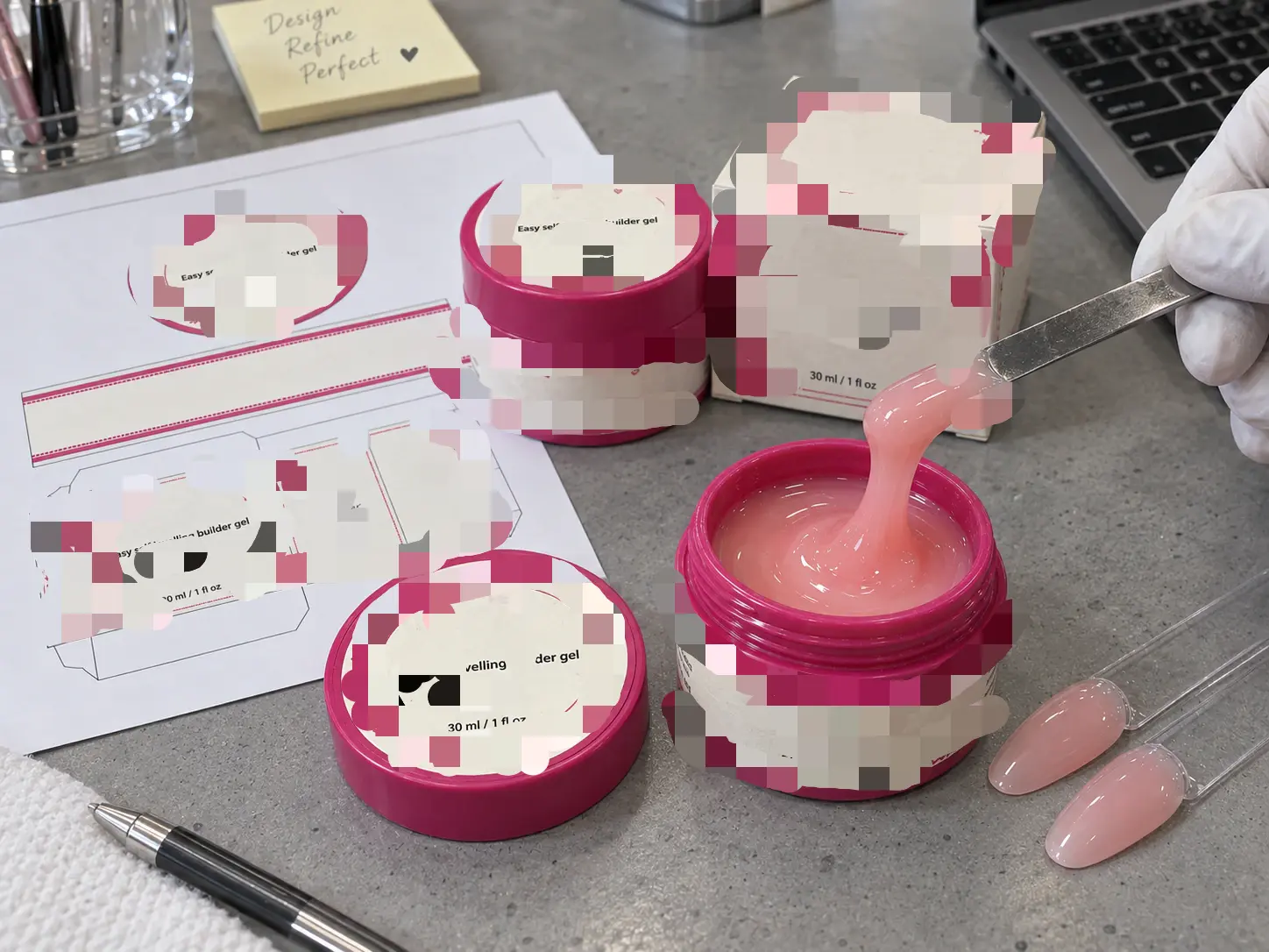 Milky pink builder gel samples with matching floral jars, a carton and packaging proofs on a workbench
