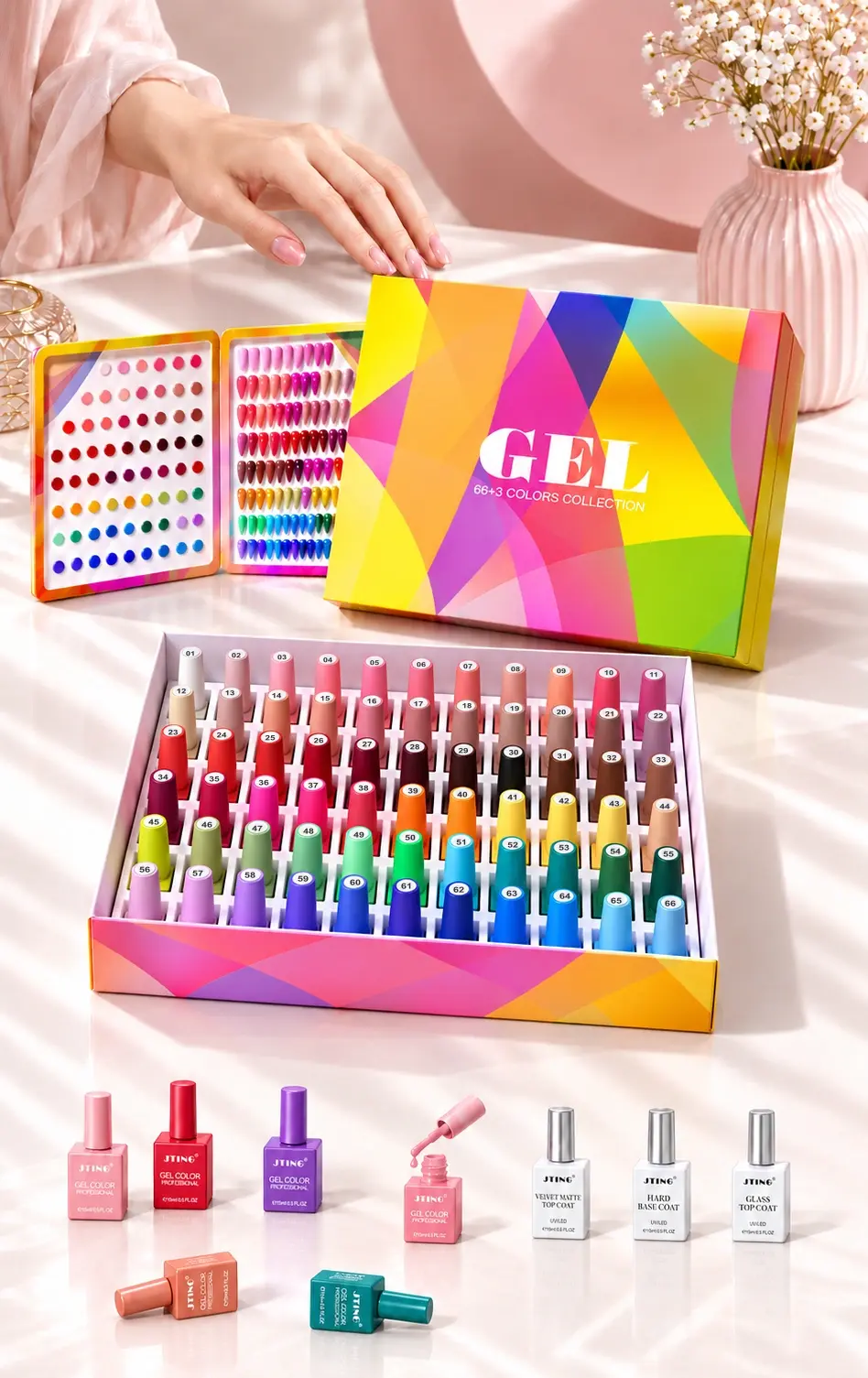 JTING gel nail polish kit with 66 numbered bottles, a shade book, upright and side-lying bottles, three silver-cap gels and a manicured hand