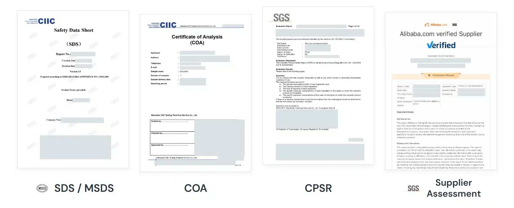 Redacted examples of gel nail polish SDS, COA and CPSR reports and a supplier assessment report