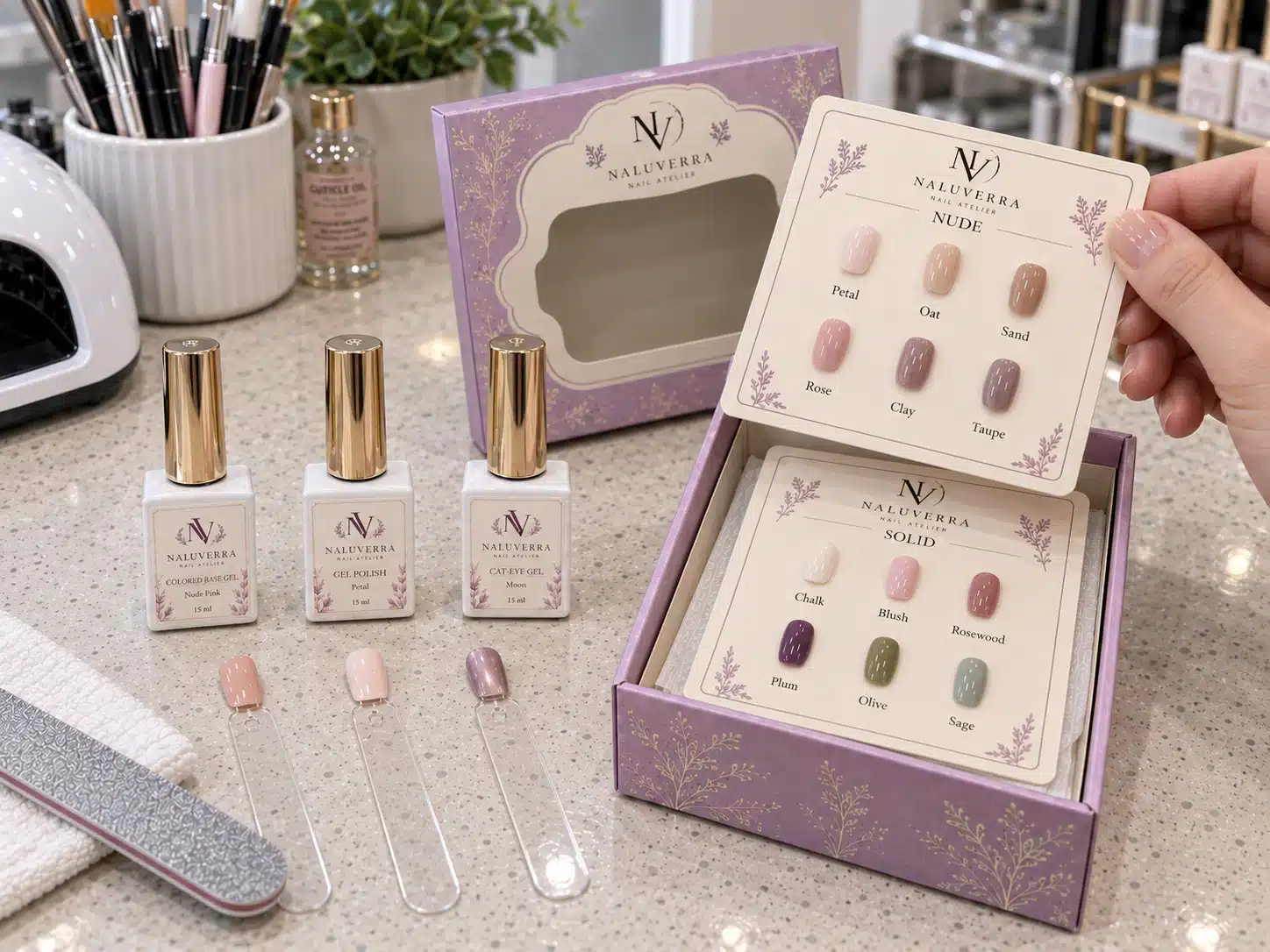 Three salon gel bottles and nail samples beside nude shade cards and a lilac storage box at a manicure workstation