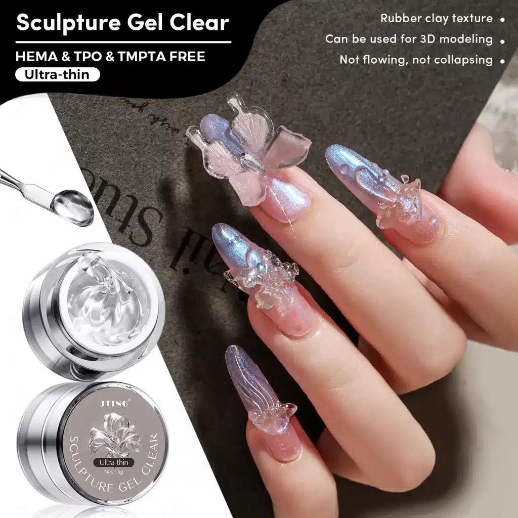 JTING Sculpture Gel Clear jar beside iridescent nails with transparent butterfly, floral and flowing 3D details