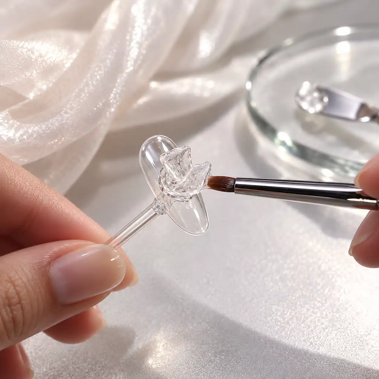 Sculpting brush pressing a thin clear gel petal on a transparent nail display tip