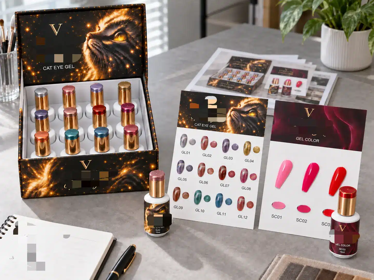 Branded cat-eye and solid-color gel collections with a fitted bottle box, shade cards and printed product images