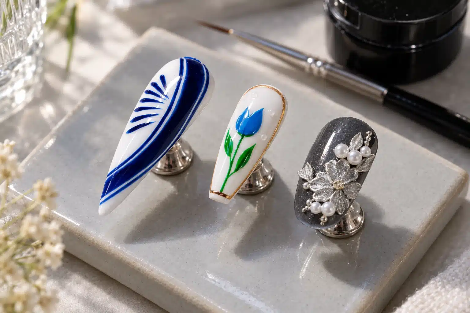 Blue liner artwork, a painted tulip and a raised silver flower on three nail art samples