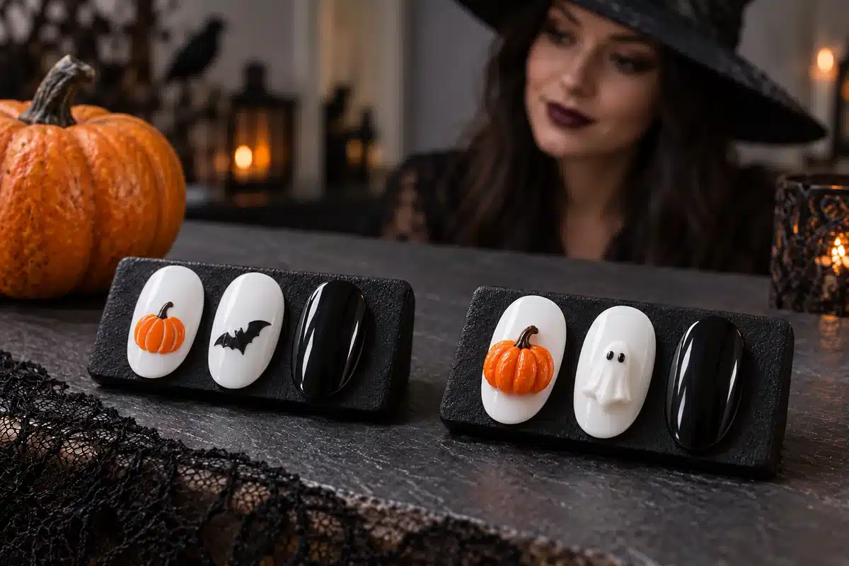 Low-relief pumpkin nail art beside raised pumpkin and ghost accents with a witch-costumed model