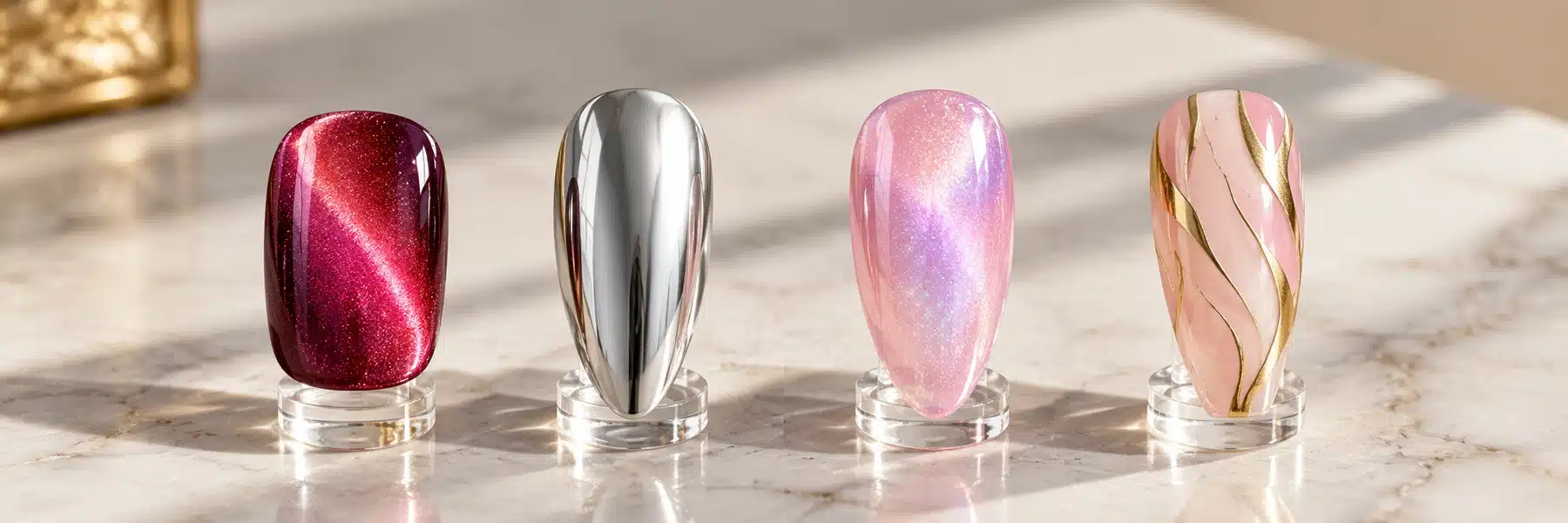 Magnetic burgundy, silver mirror, pink aurora and gold-lined nail samples compared side by side