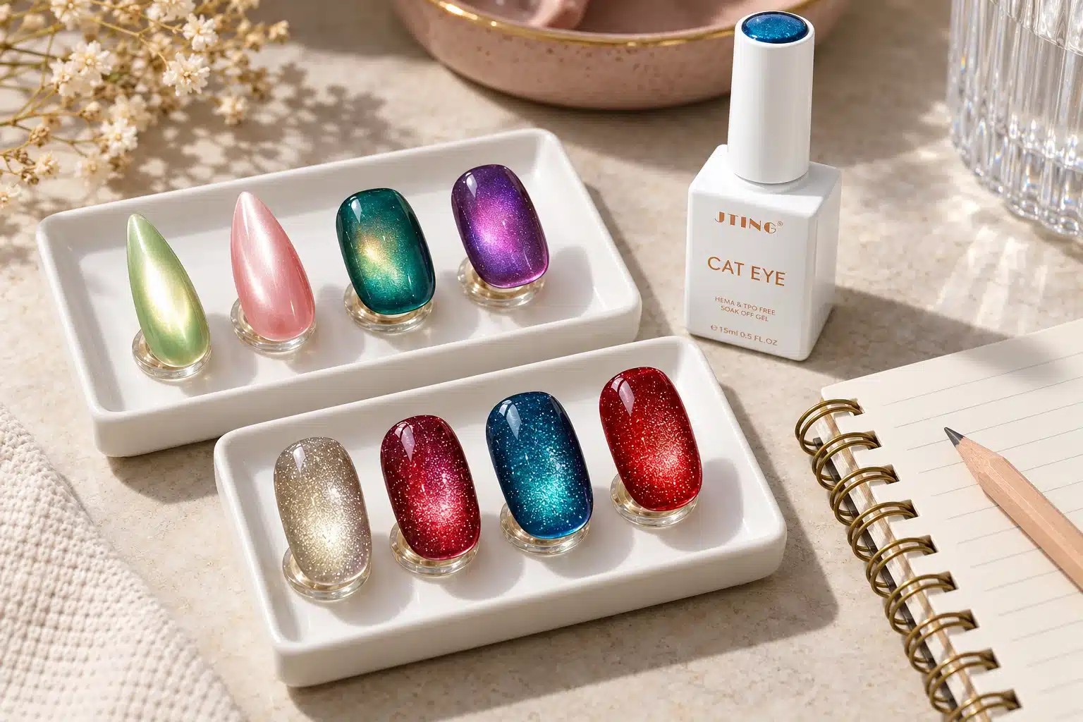 Magnetic gel nail samples arranged on two trays beside a JTING bottle and blank notebook