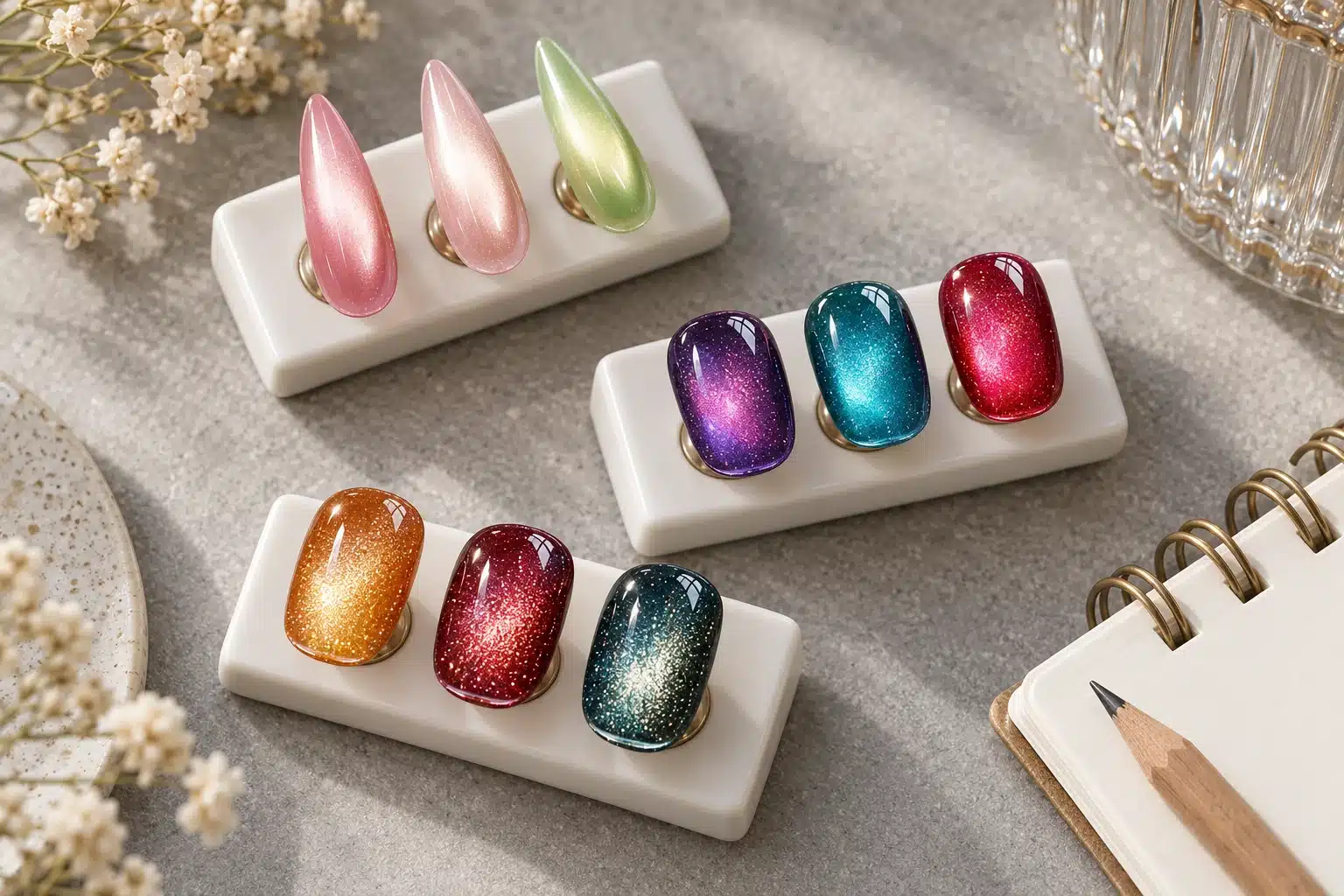 Water-light, glass cat eye and glitter-rich magnetic shades arranged on three sample rails