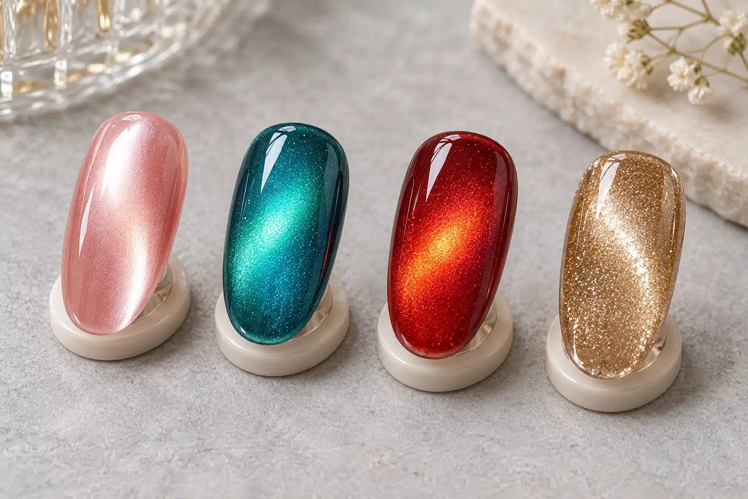 Pink water-light, teal and ruby glass cat eye tips beside a champagne glitter sample