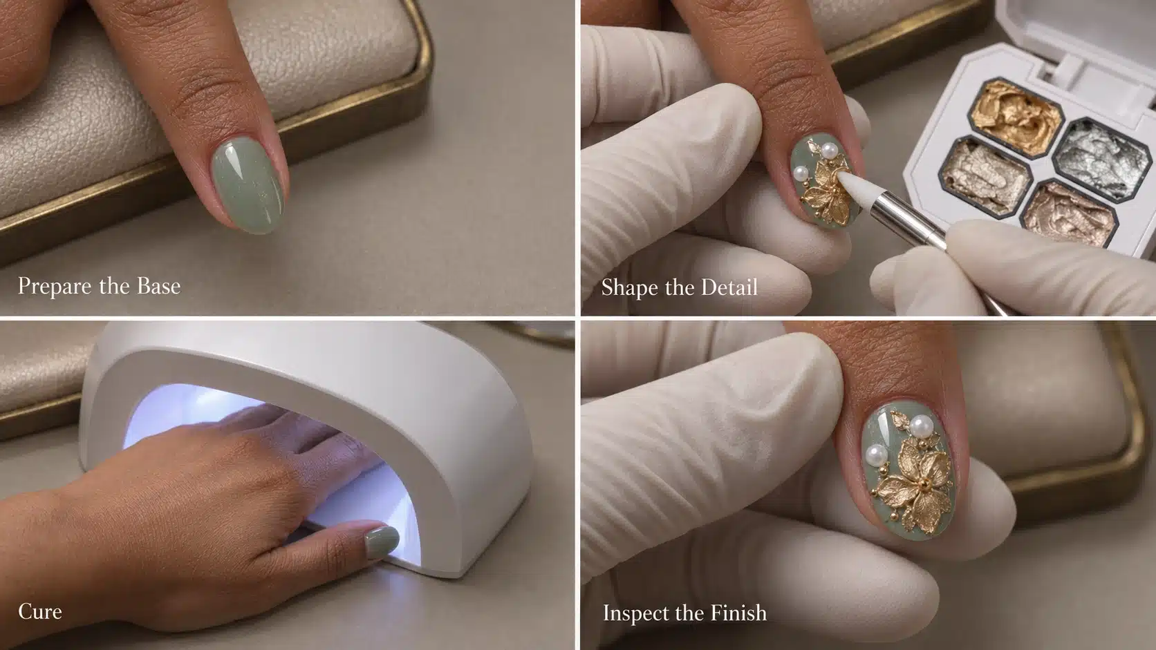 Four-step nail art illustration showing base preparation, metallic petal shaping, lamp curing and finish inspection