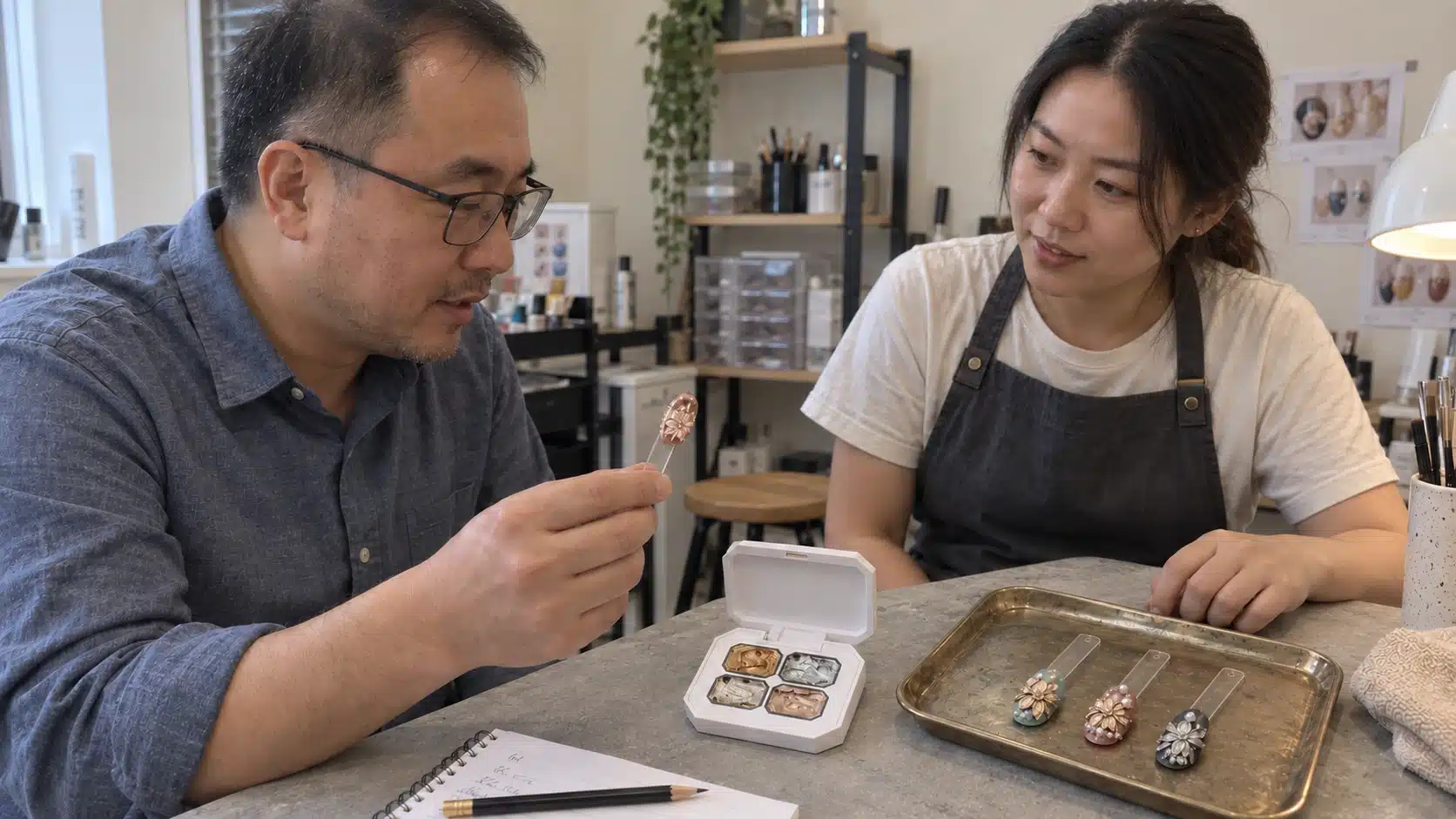 Buyer and nail technician inspecting a metallic nail sample beside the four-color palette