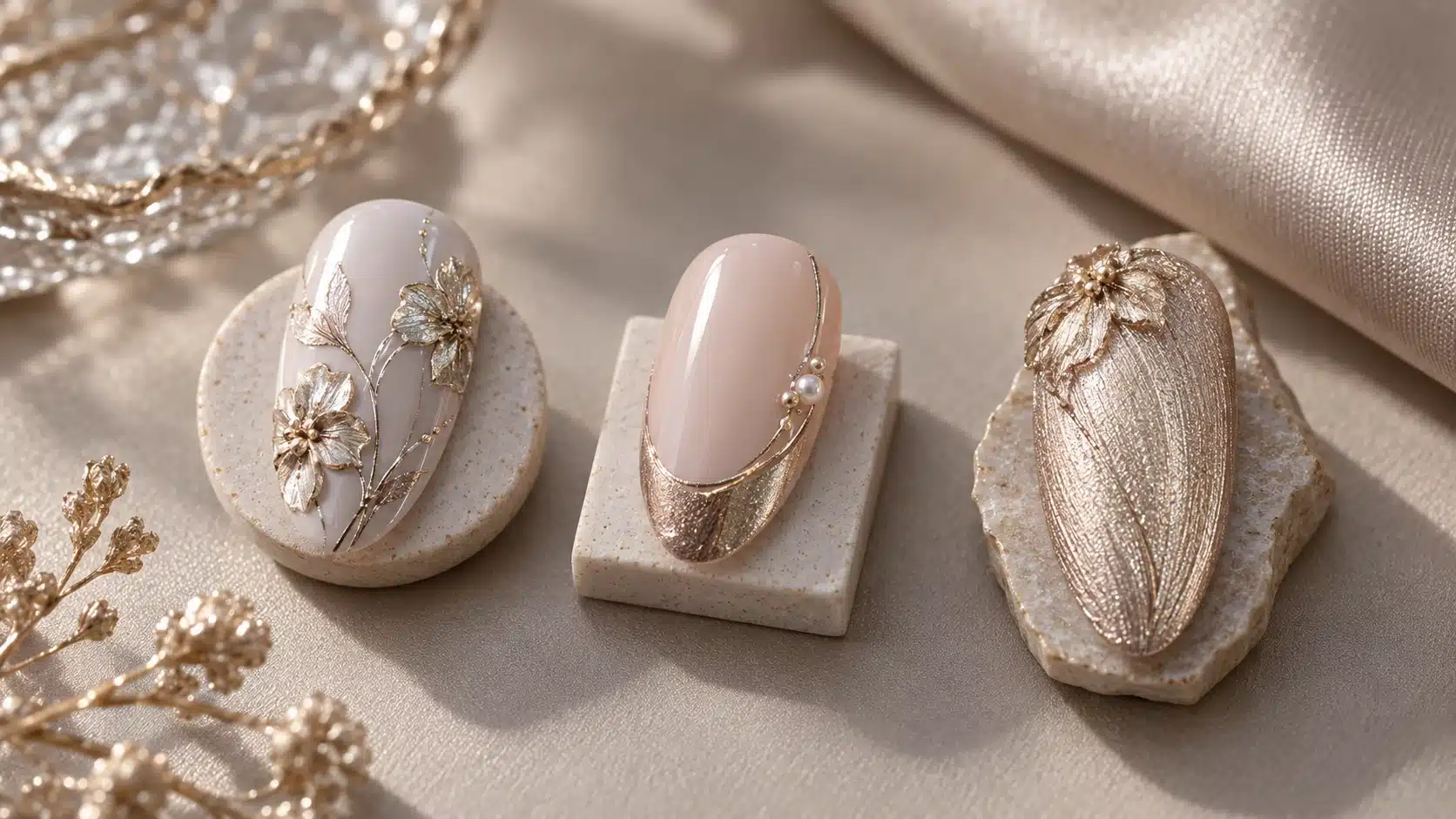Three nail samples showing fine metallic floral lines, a French-edge accent and textile-inspired texture