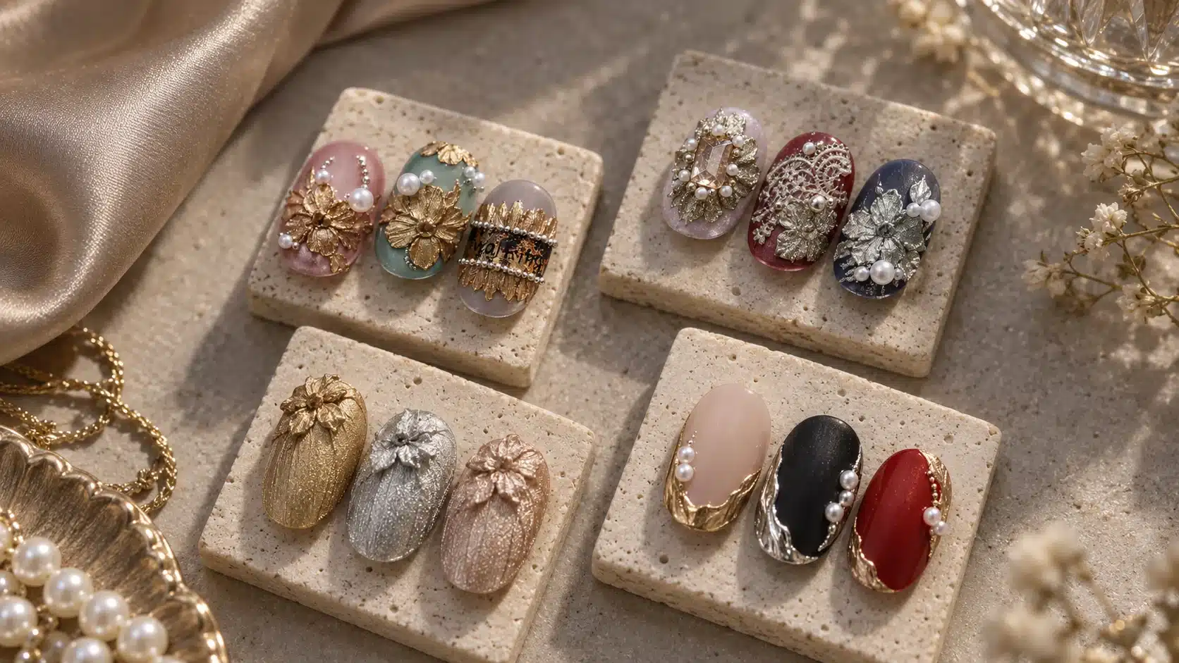 Metallic nail art samples grouped into floral relief, separate ornaments, textile textures and French-edge designs