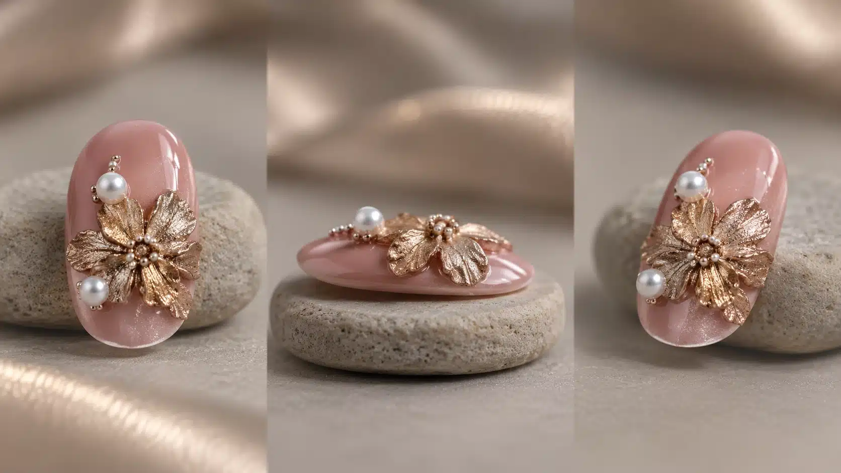 Front, side and angled illustrations of a blush nail with metallic flower relief and pearl accents