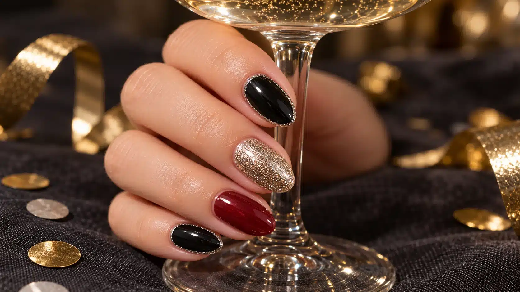 Black, champagne glitter and wine-colored party nails holding a champagne coupe